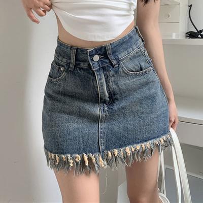 Jupe Classique Polyvalente à Bord Brut Jupe Rétro à Volants et Pompons Fat Mm Polyvalente Paquet Hanches Jupe Trapèze Taille Haute Mode Été pour Dames Jupe en Denim