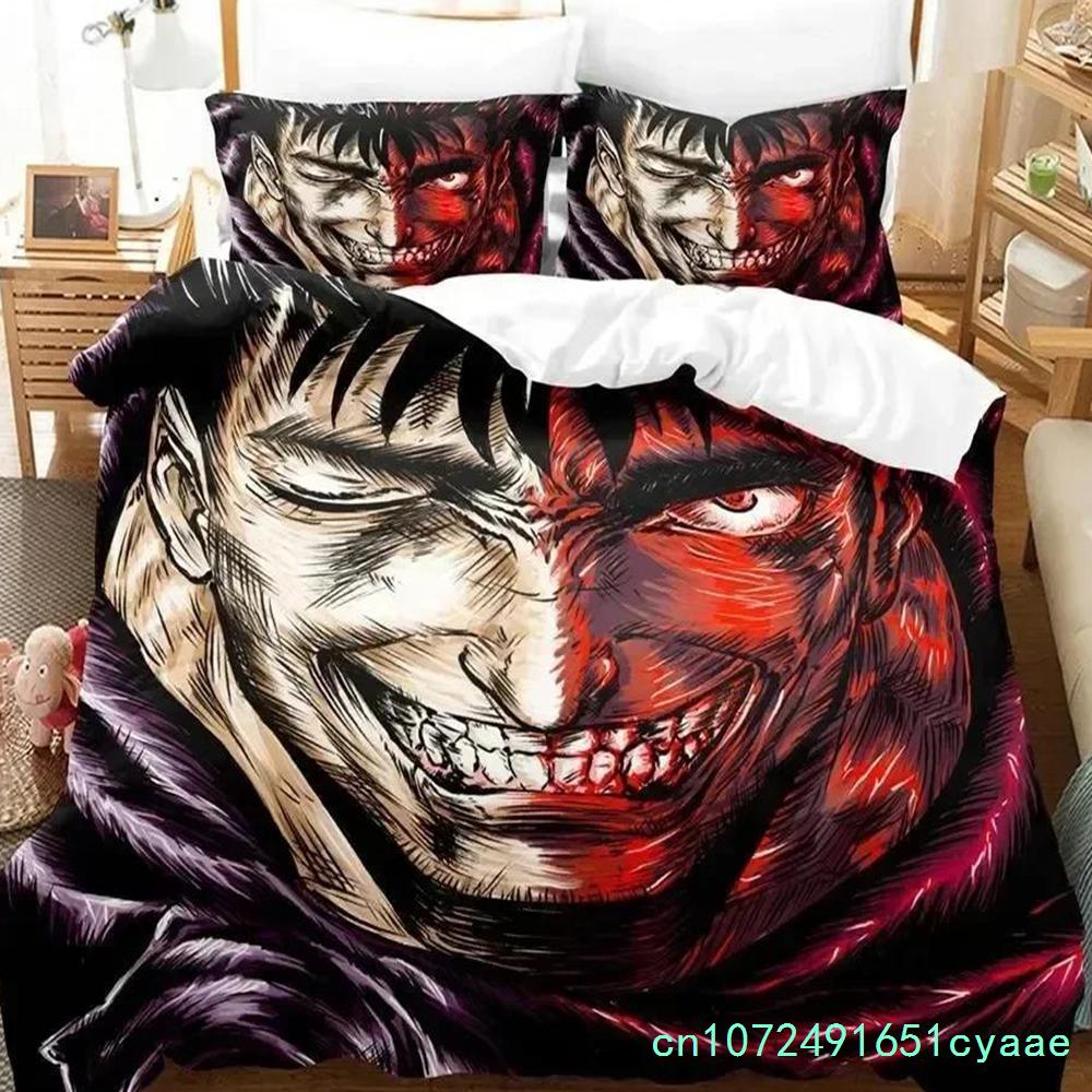 Set Biancheria da Letto Anime Berserk Stampato 3D per Camera da Letto Morbido Moderno Copriletto Confortevole Copripiumino per Bambini Coperta e Federa