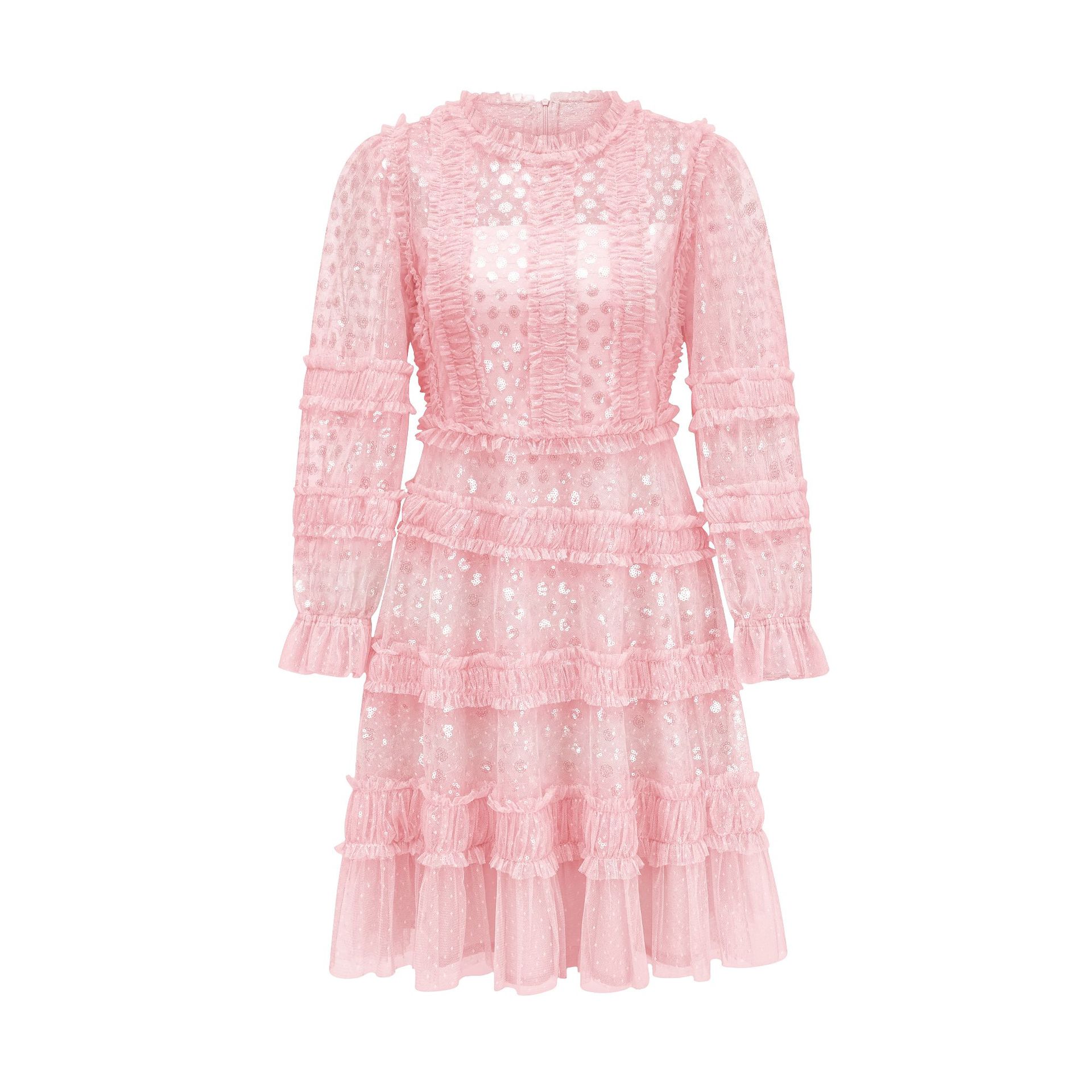 

Платье с круглым вырезом, блестящее, короткое, с длинными рукавами, с высокой талией, облегающее, с высокой короткой юбкой, вечернее платье, юбка XL розовый