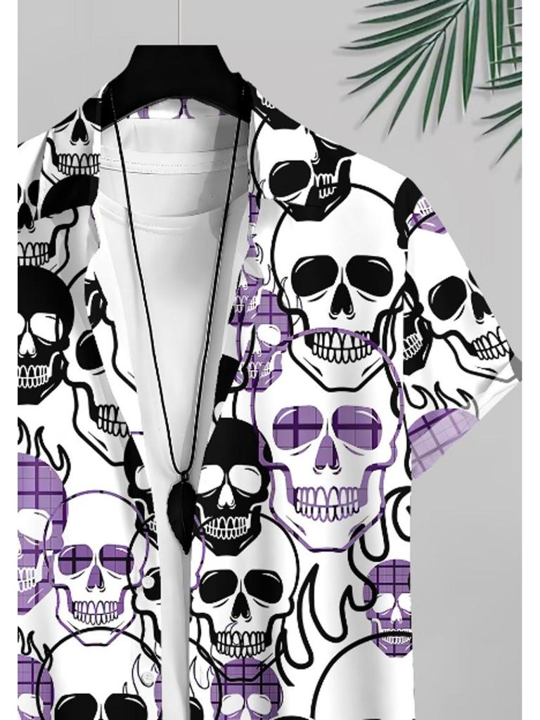 Men's Casual Short - Sleeve Shirt, Skeleton Pattern Printed, Polyester Material, Multiple Specifications Available, Fashionable Design, Suitable for