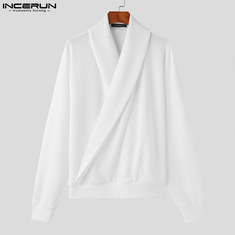 INCERUN Men Lapel V Neck Long Sleeve Knitted Sweaters Front Cross Loose Pullovers Tops
