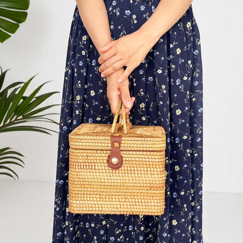 Rattan Basket with Lid, Picnic Basket, British Style, Square, Ata Bag, Storage Basket, Stylish Rattan Bag, Handmade in Vietnam, Natural Design,