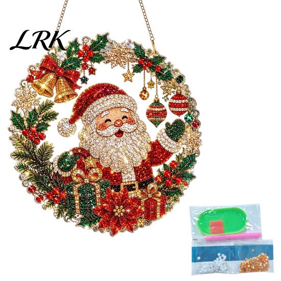 Parent Child Interactive Crafts Christmas Faux Diamond Art Ornament, DIY Santa Claus Sun Catcher Kit, Rhinestone Sets Xmas Wreath Hanging Ornament