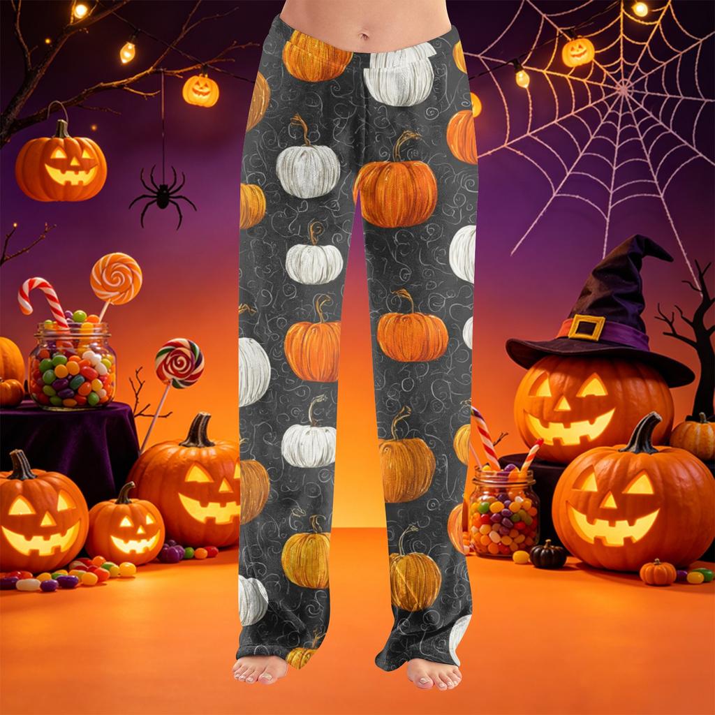 Women Halloween Print Plush Lounge Pants Soft Elastic Waistband Relaxed Fit Long Casual Trousers for Indoor Outdoor Wear