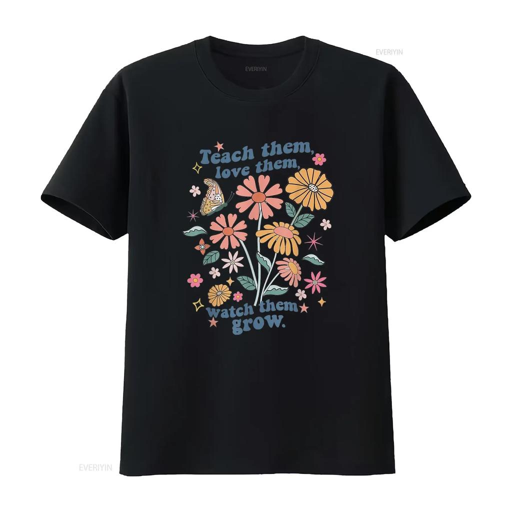 Teach Them Love Watch Grow Retro Teacher Floral T Shirt White vintage Washed graphic homme Unisex designer clothes Comfortable