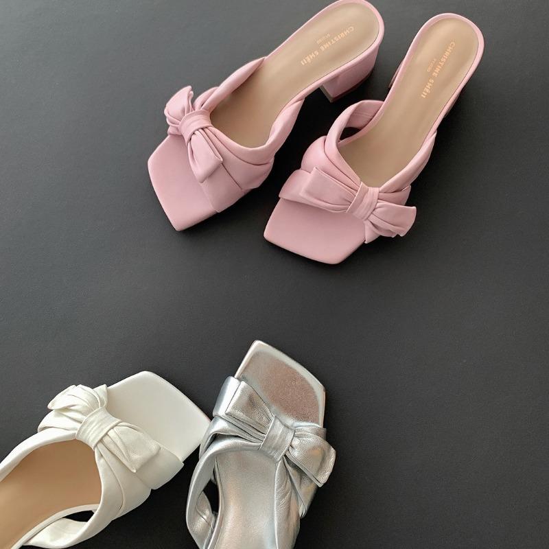 [] Dream Garden _sw square head sheep pattern bow thick heel slippers women's sandals wear summer