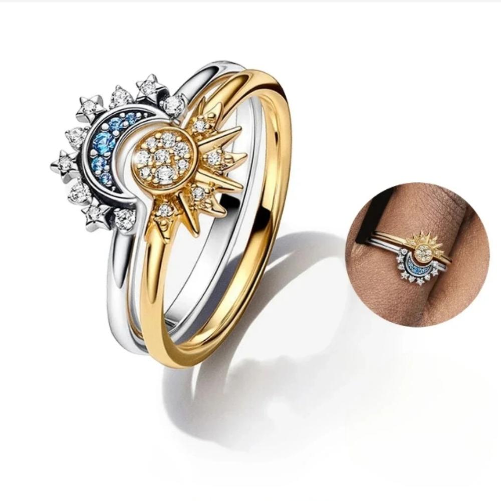 

Персонализированный минималистичный дизайн: солнце и луна светят вместе. Многослойное женское кольцо с бриллиантами, регулируемое кольцо для пары Солнца и Луны