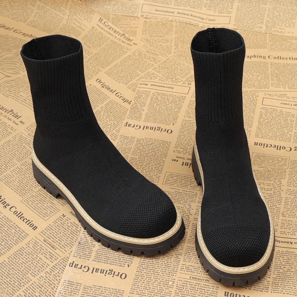 Damenstiefel  Neu  Herbst Winterschuhe Damen Designer Stiefeletten Bequeme Leichte Schuhe Kurze Strick Plateau Stiefel