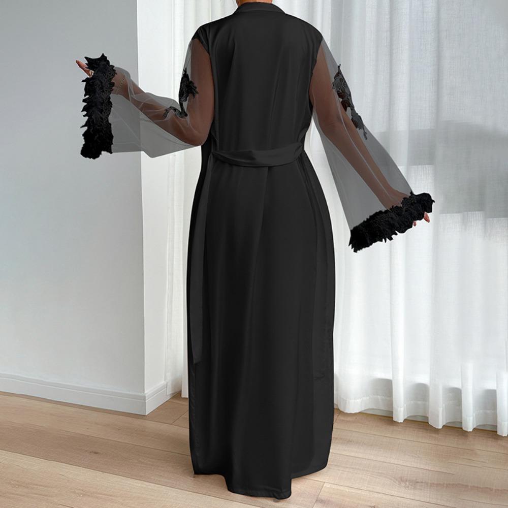 Satin Pajamas Women's Lace Light Luxury Long-sleeved Cool Nightgown Bathrobe Loungewear