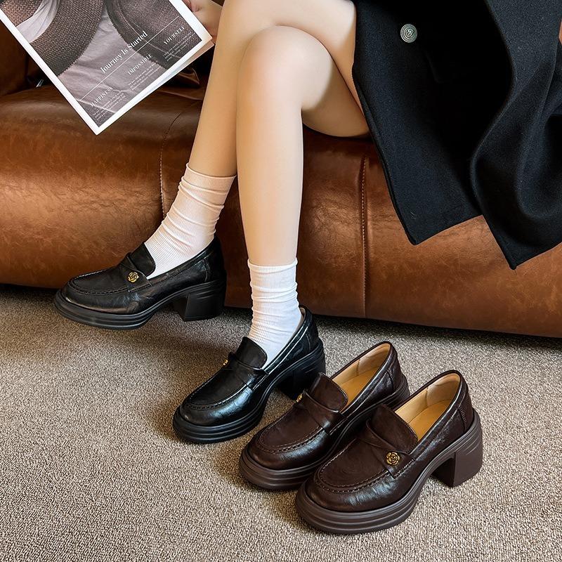 Platform small leather shoes women's thick heel spring new autumn flower high heel lazy single shoes