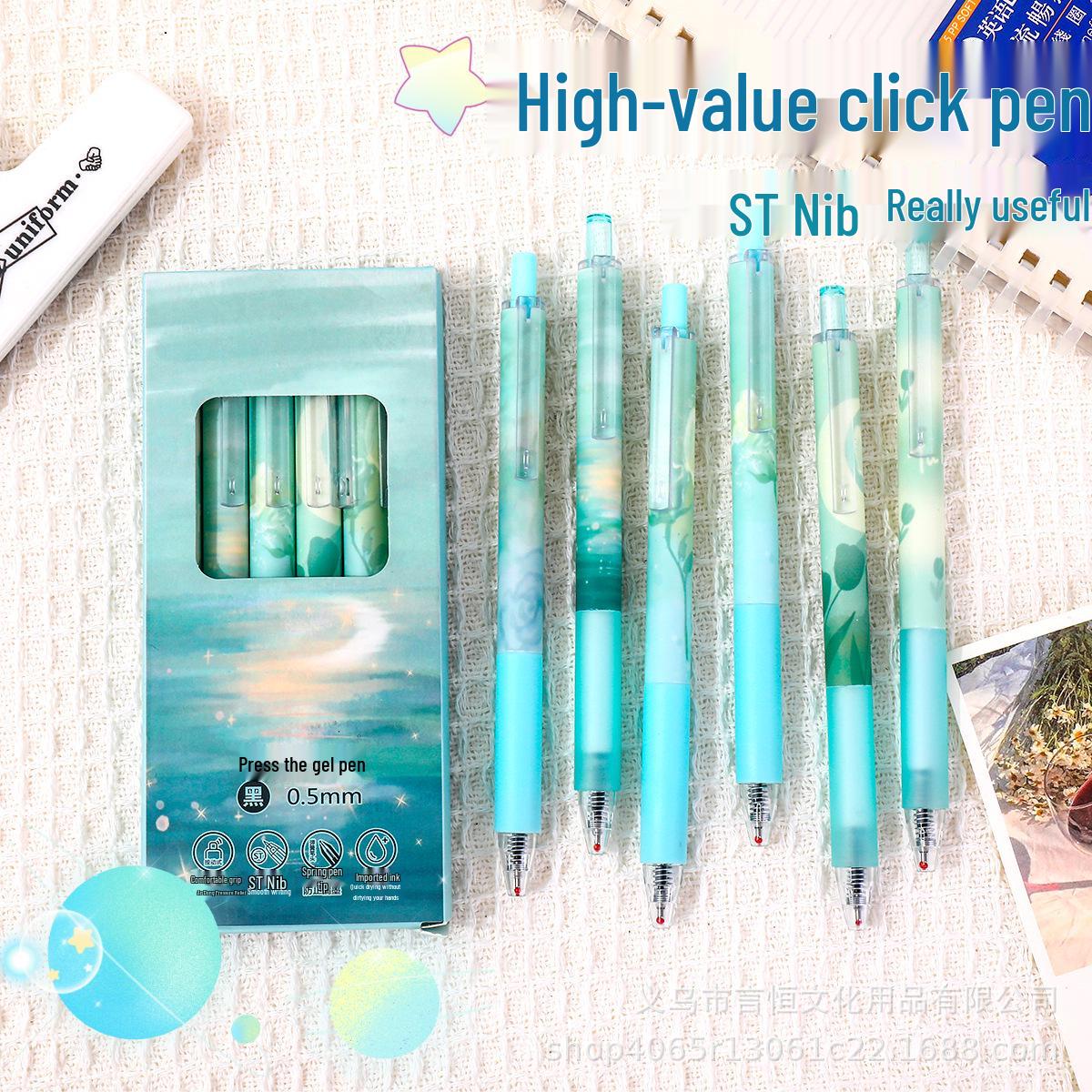Sky Blue Romantic Q&A Gel Pen - INS Style Student Black Click Pen, Quick-Drying Exam Special. 0.5mm