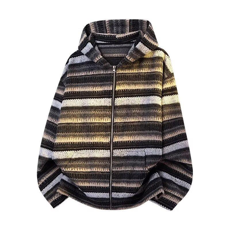 2026 Trendy National Tide Brand Striped Knit Sweater Hoodie for Couples