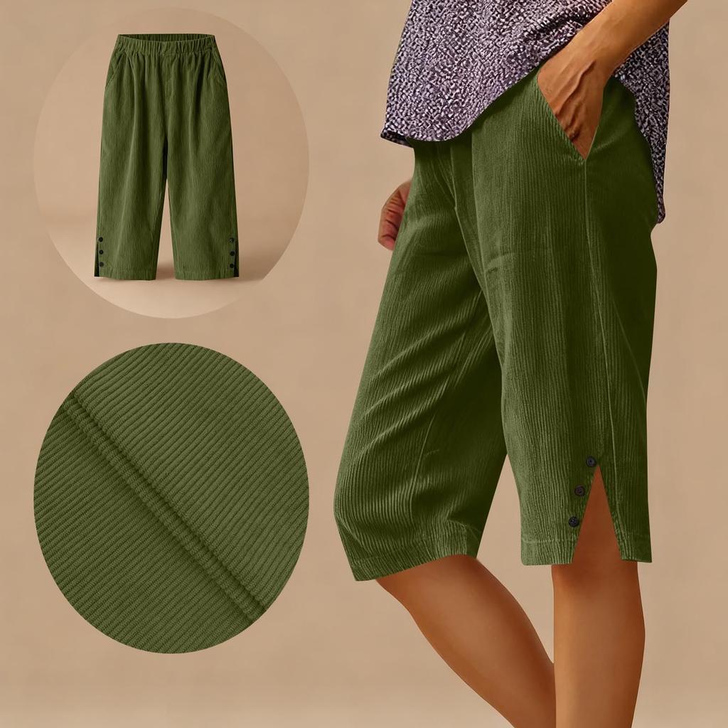 Women’s Corduroy Knee Length Shorts Relaxed Fit Button Side Pockets Casual Lightweight Soft Material