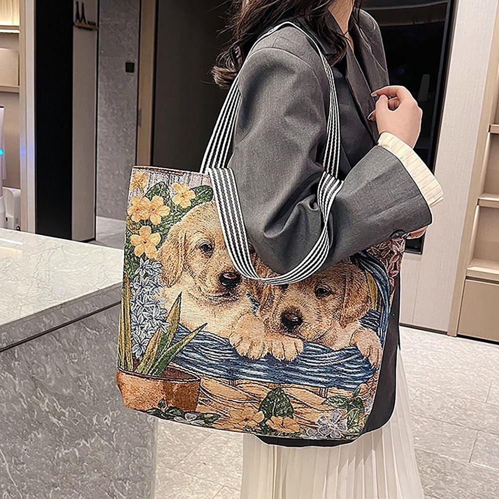 Cat Dog Tote Bag Vintage Embroidery Underarm Bag Cute Shoulder Bag  Shopping
