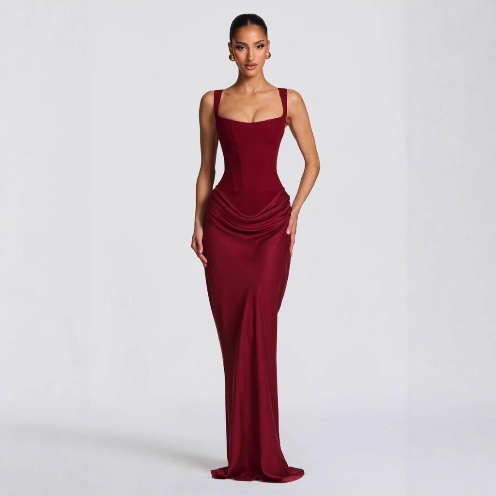 Women's Spring Slim Fishbone Strappy Long Dress - Solid Color Hip-Hugging Design