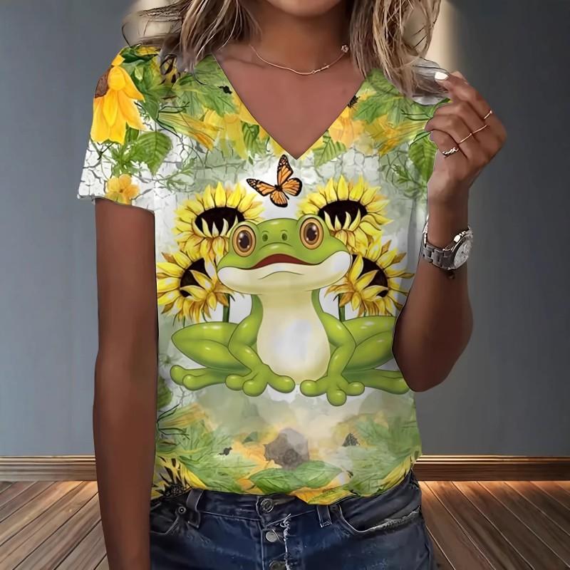 Womens V-Neck Loose Fit Short Sleeve T-Shirt With Colorful Geometric Starry Print Casual Top