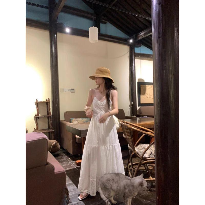 Kumikumi Gentle Style Hollow Lace Sling Dress Women Summer French Style Age-Reducing Drape A- Line Skirt Long Dress