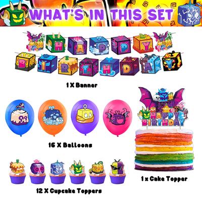 Neue 30 STÜCKE Blox Fruits Themenparty-Zubehör einschließlich Banner, Cupcake-Topper, Ballons