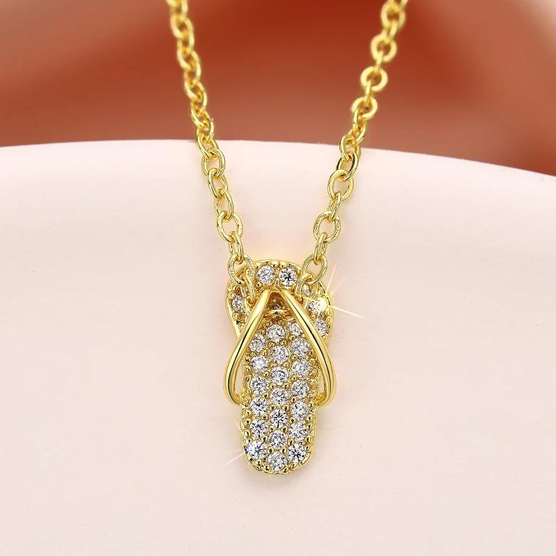 Huitan Chic Flip Flops Shaped Pendant Necklace for Women Bling Crystal CZ Funny Summer Girls Neck Accessories Statement Jewelry