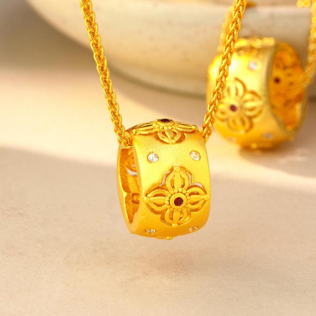 Sand Gold Floral Carved Necklace with Vajra Ruyi Lock Design for Women
