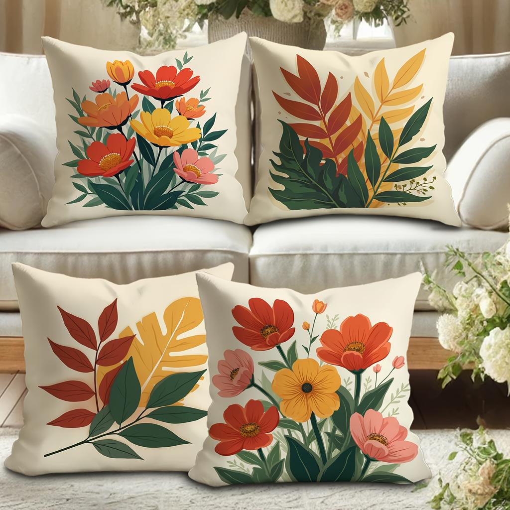 4Pcs Tropical Floral Throw Pillow Covers - Bold Modern Abstract Rustic Design, Vibrant Orange Red Yellow Green Botanical Print