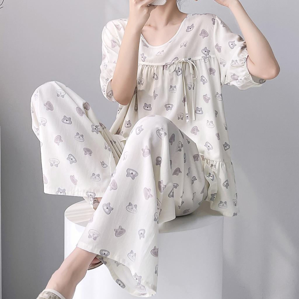 Cotton and Silk Pajamas Women's Summer 1011 New Short-sleeved Trousers Can Be Worn Outside the Suit, Sweet Girl Small Fresh Loungewear