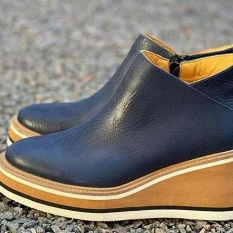 new European and American flat-bottomed wedge short boots side zipper round head solid color bare boots thick-soled retro leather boots