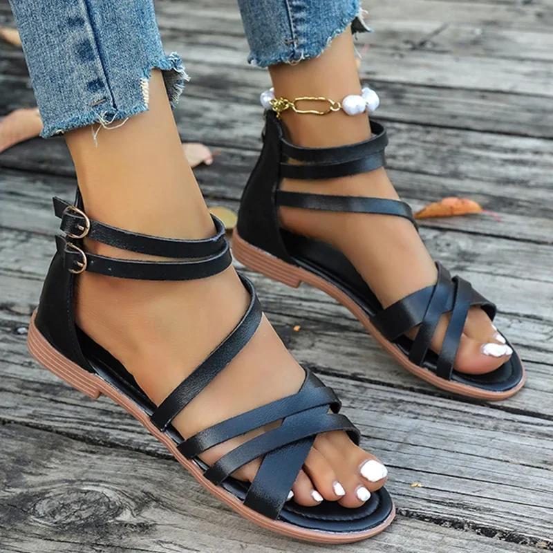 Fashion Women Flat Sandals Summer Plus Size Gladiator Sandals Women Shoes Zipper Flat Heels Sandals Woman Outdoor Non Slip Casual Sandle