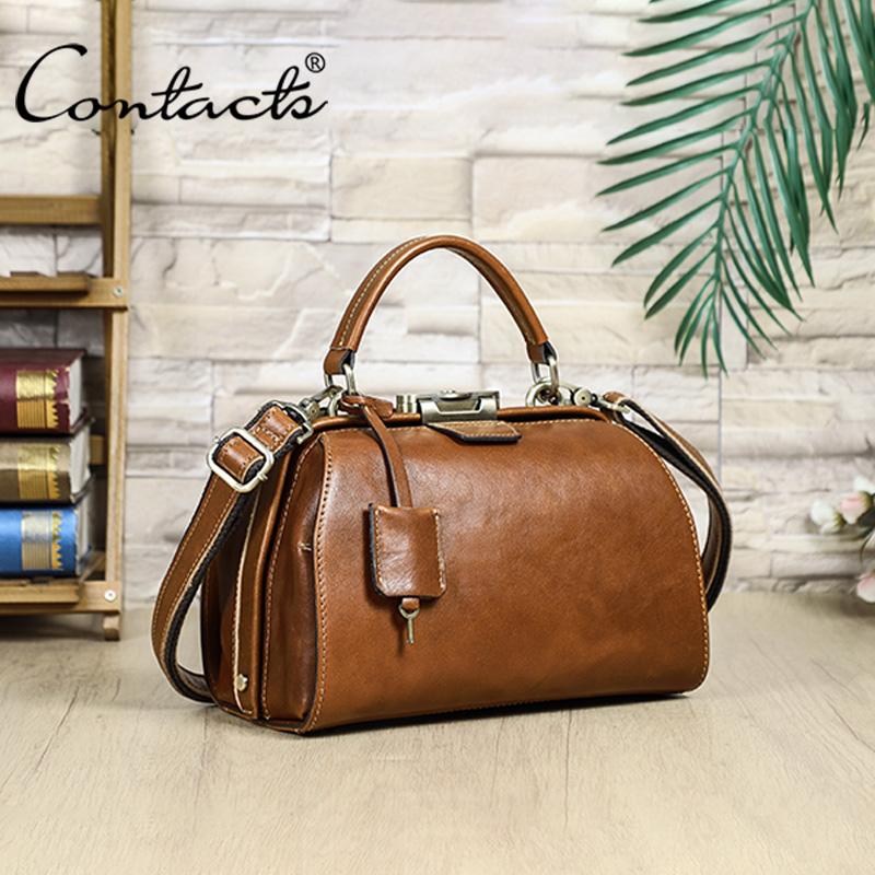CONTACT'S Senior Genuine Leather Crossbody Bag Women Metal Frame Safty Block Handbag Female Travel Daily Gift Shoulder Bags