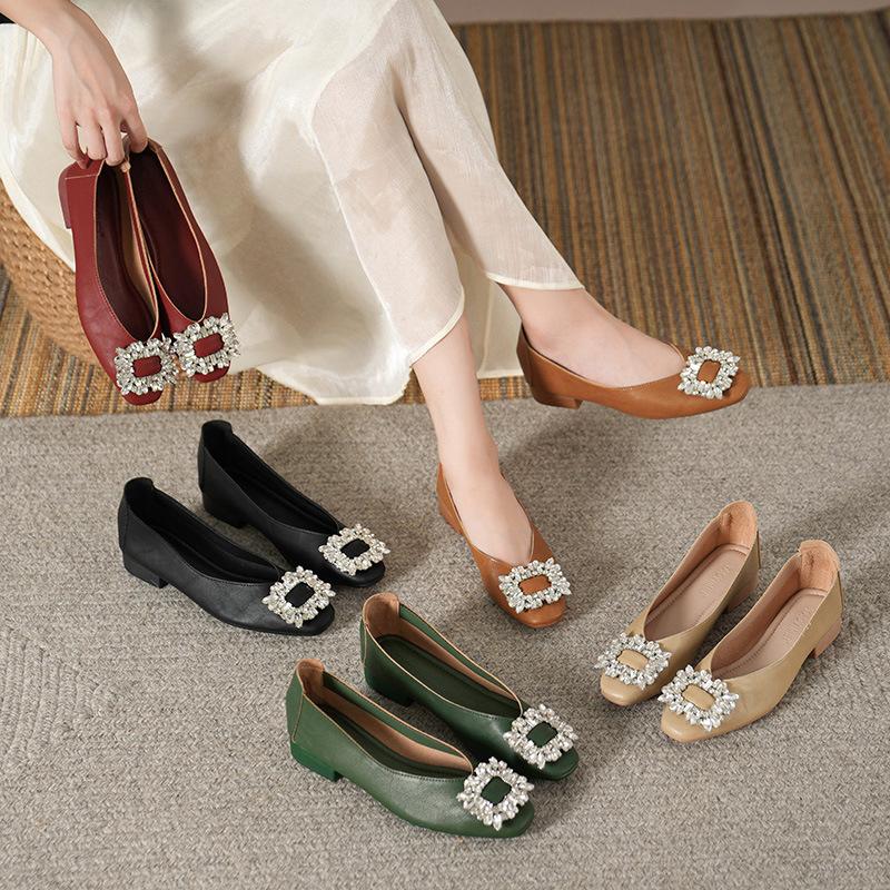 Fairy Feng Shui Diamond Buckle Flat-soled Single Shoes Women's 2025 New Shallow Mouth Square Head Comfortable Versatile Soft Sole Doudou Shoes