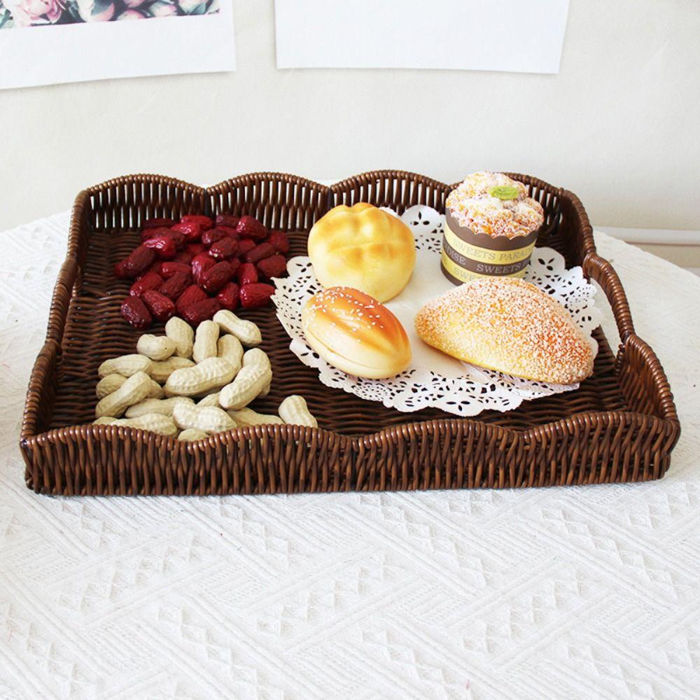 Large Capacity Food Serving Tray Rectangular Woven Decorative Platter Woven Storage Tray Household