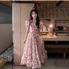 French sweet floral off-the-shoulder square collar dress for women's summer 2026 new gentle temperament medium and long princess dress