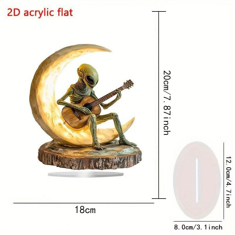 2D Acrylic Alien Playing Guitar On Moon Flat Ornament, Creative Space Sculpture Desktop Decorative Craft for Home Office Tabletop Display Art Gift