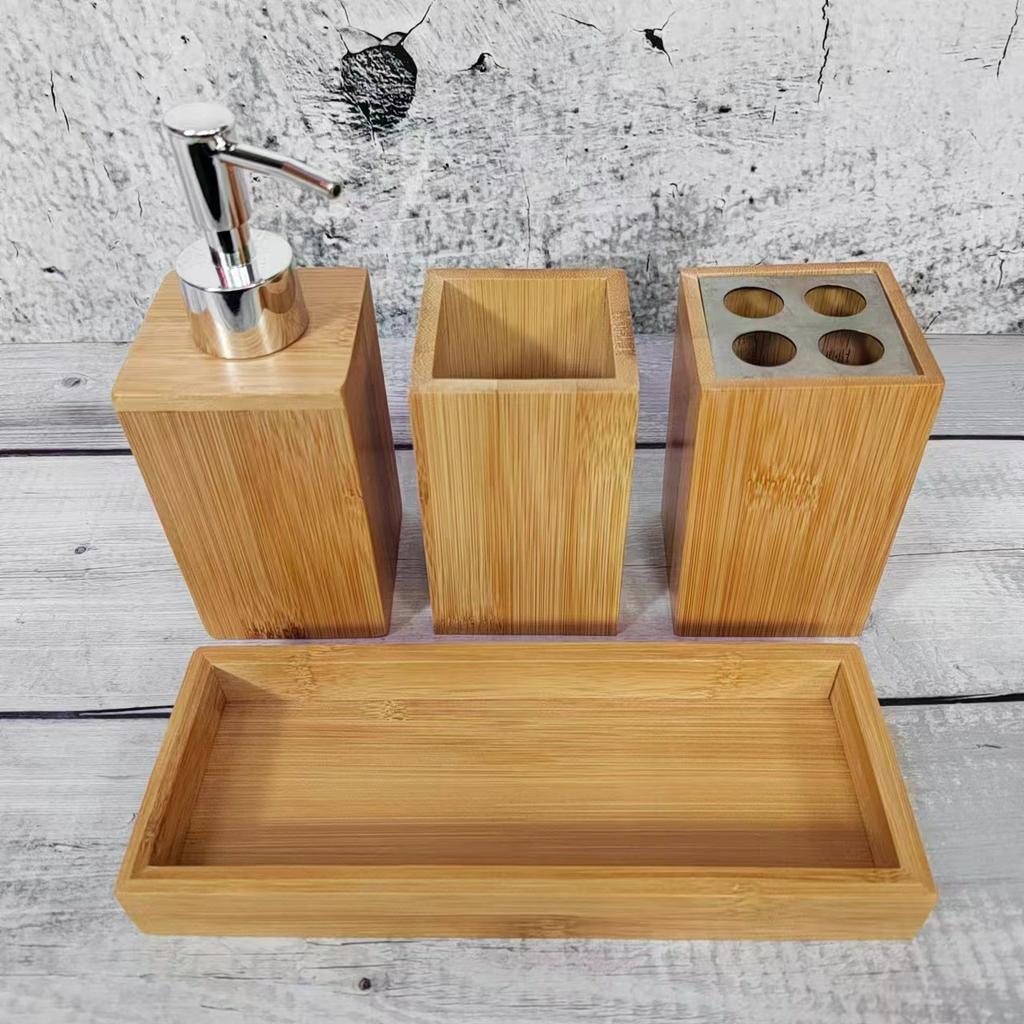 Bamboo Bathroom Accessories Set Toothbrush Holder Mouthwash Cup Lotion Dispenser Bottle with Base