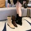 Women's Chunky Heel Pointed Toe Vintage Brown Western Cowboy Ankle Boots, Autumn/Winter 2025, V-Mouth Plus Velvet.