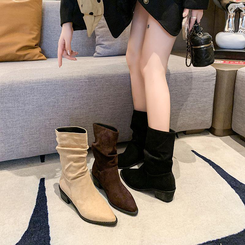 Women's Chunky Heel Pointed Toe Vintage Brown Western Cowboy Ankle Boots, Autumn/Winter 2025, V-Mouth Plus Velvet.