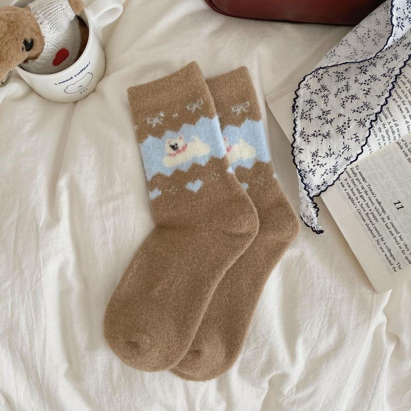 Cartoon plush socks women's medium tube socks autumn and winter plush warm cute bow puppy Australian velvet winter sleep socks