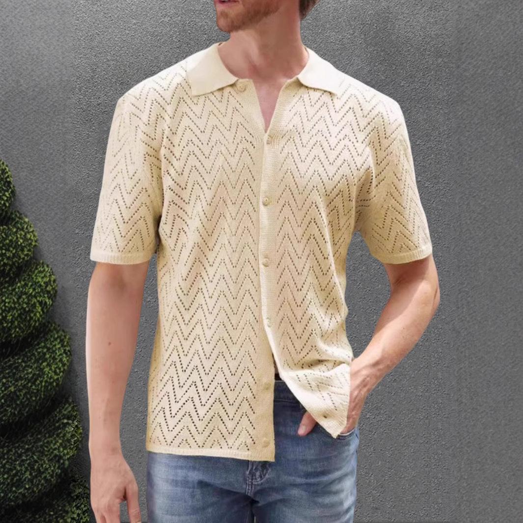 Mens Summer Casual Knitted Short Sleeve Open Front Polo Shirt Solid Color S абрикосовый