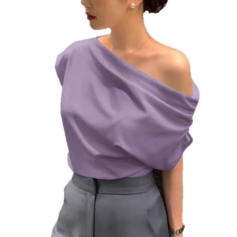 Irregular Slanted Shoulder Design Sense Loose Solid Color Pullover Short Sleeve T-Shirts Women’s