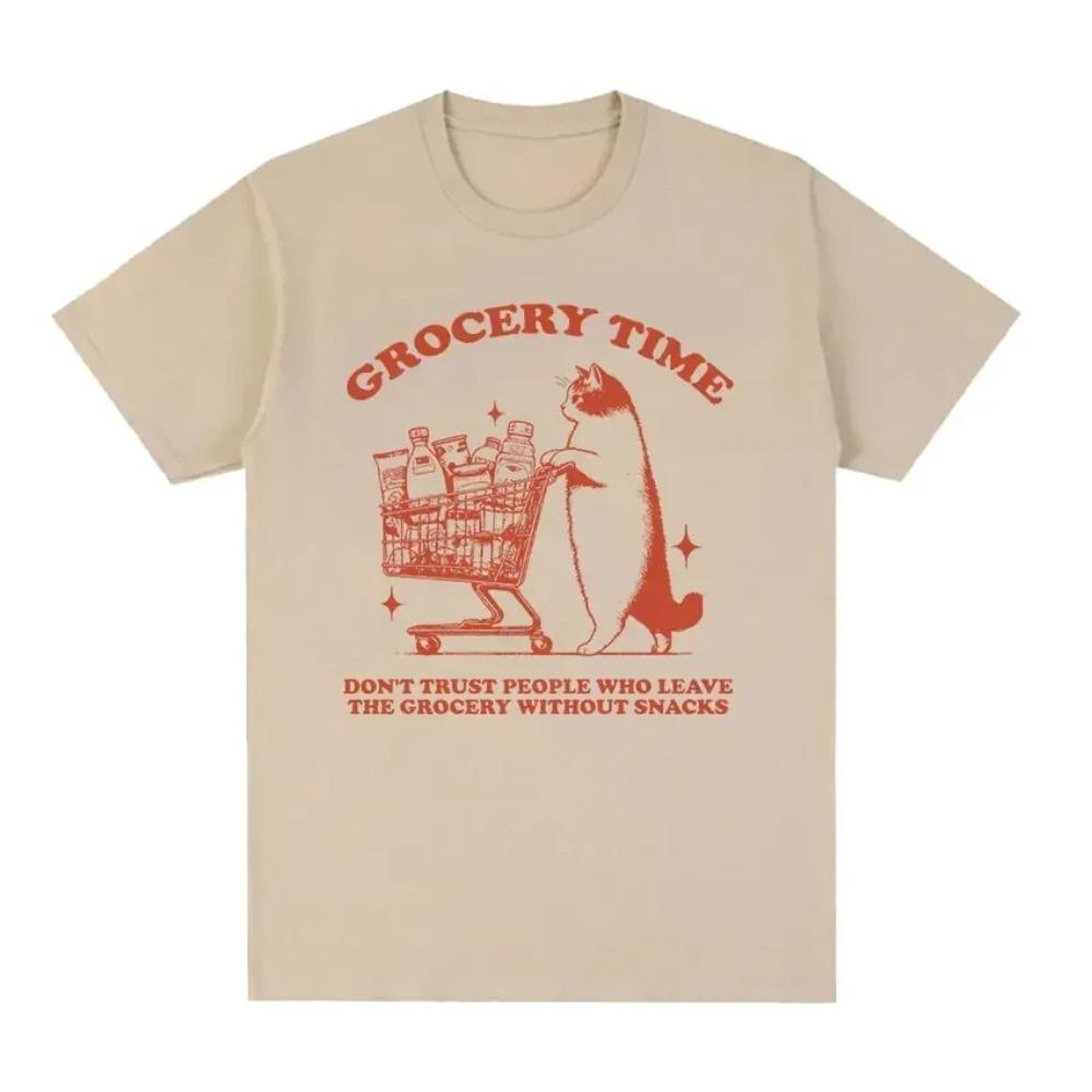 

Beige Short-Sleeve T-Shirt Featuring Cat Grocery Time Don t Trust People Without Snacks Graphic Print For Cat Lovers 4XL
