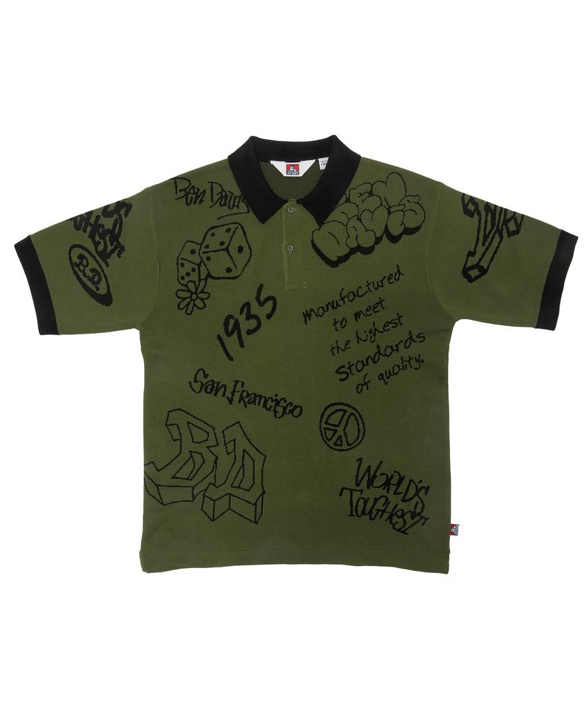 BEN DAVIS White Label Scribble Knit Polo Black