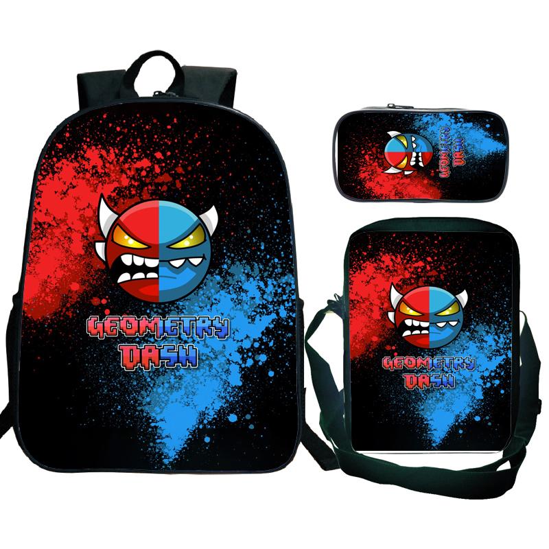 Angry Geometry Dash Backpack 3pcs School Bag Waterproof Student Girls Boys Children Mochila with Pen Bag