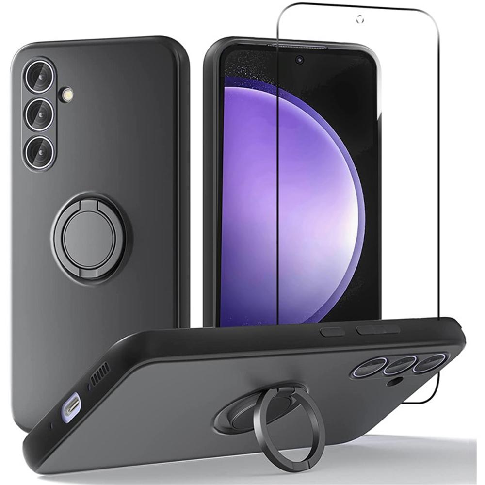 For Samsung Galaxy A37 5G Case Liquid Silicone Kickstand Cover with 2.5D Arc Edge Tempered Glass Film