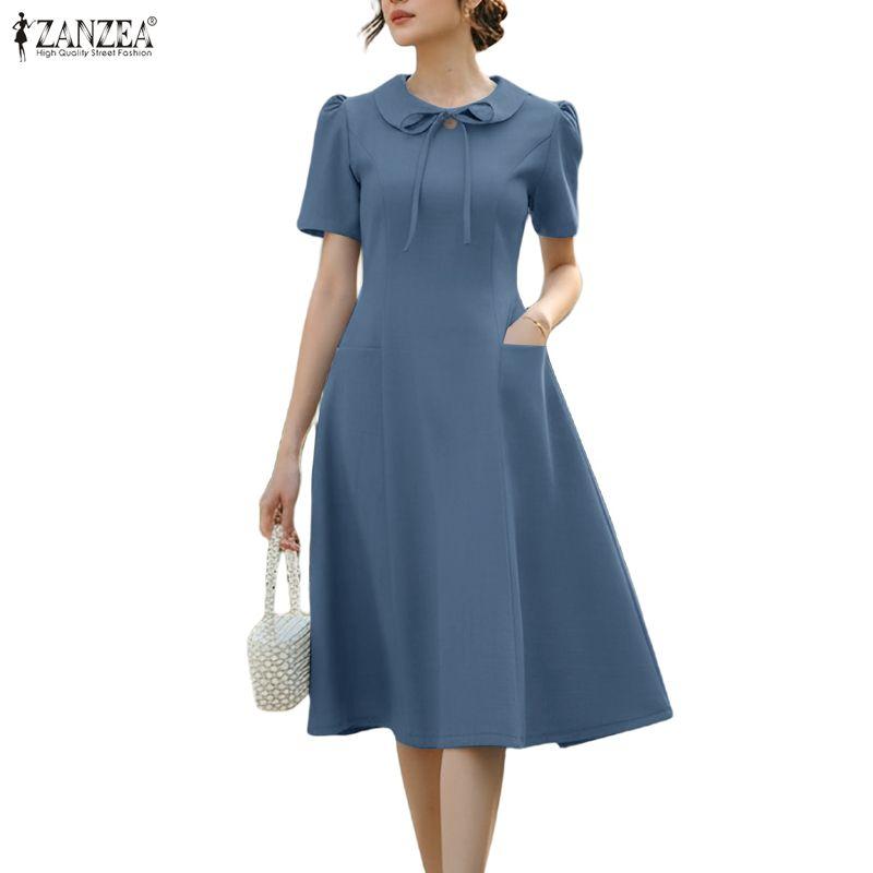 ZANZEA Women Casual Doll Collar Summer Short Sleeve Long Dress