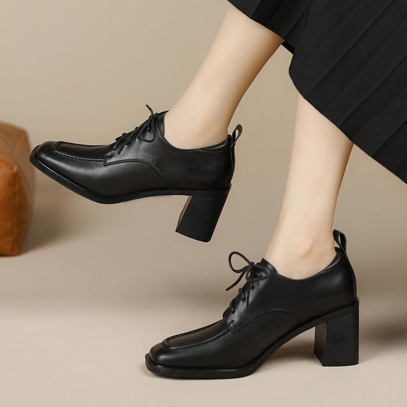 Fashion Mature Dress Women Pumps Fashion Office Ladies Thick Heels Square Toe Genuine Leather Lace-Up Shoes Woman 2025 New Spring Autumn