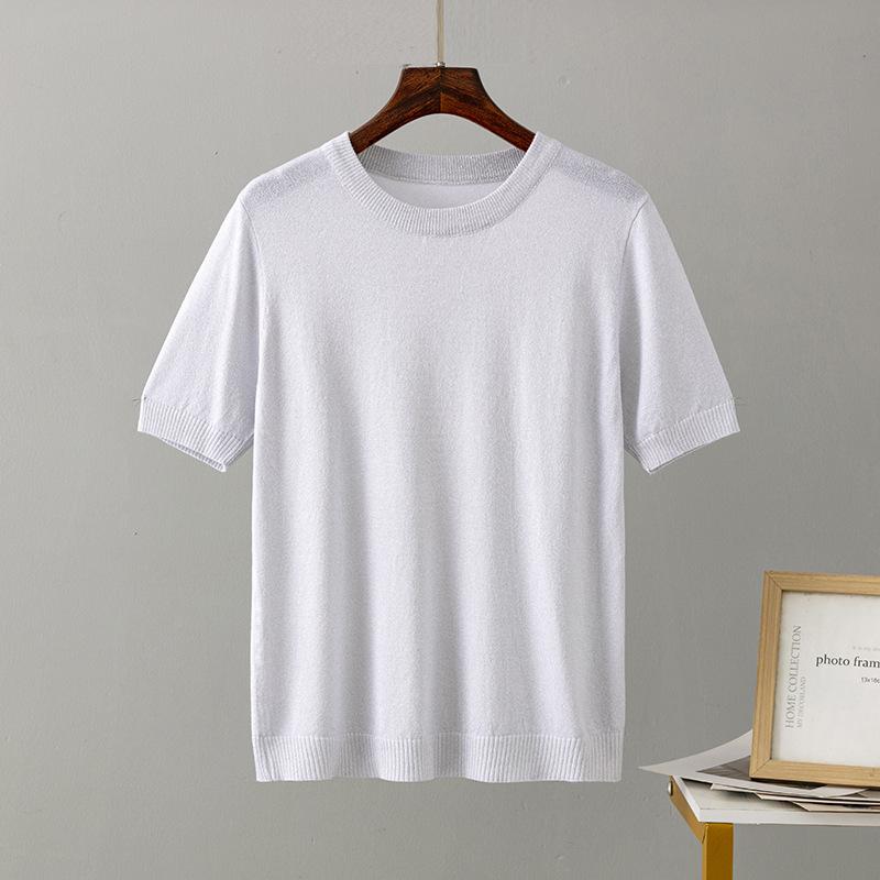 Pletená trička Jednobarevná Kulatý výstřih Krátký rukáv pro ženy Volné pulovrové topy Retro styl Stylové dámské Lesklé ledové hedvábí Šifonové halenky Košile