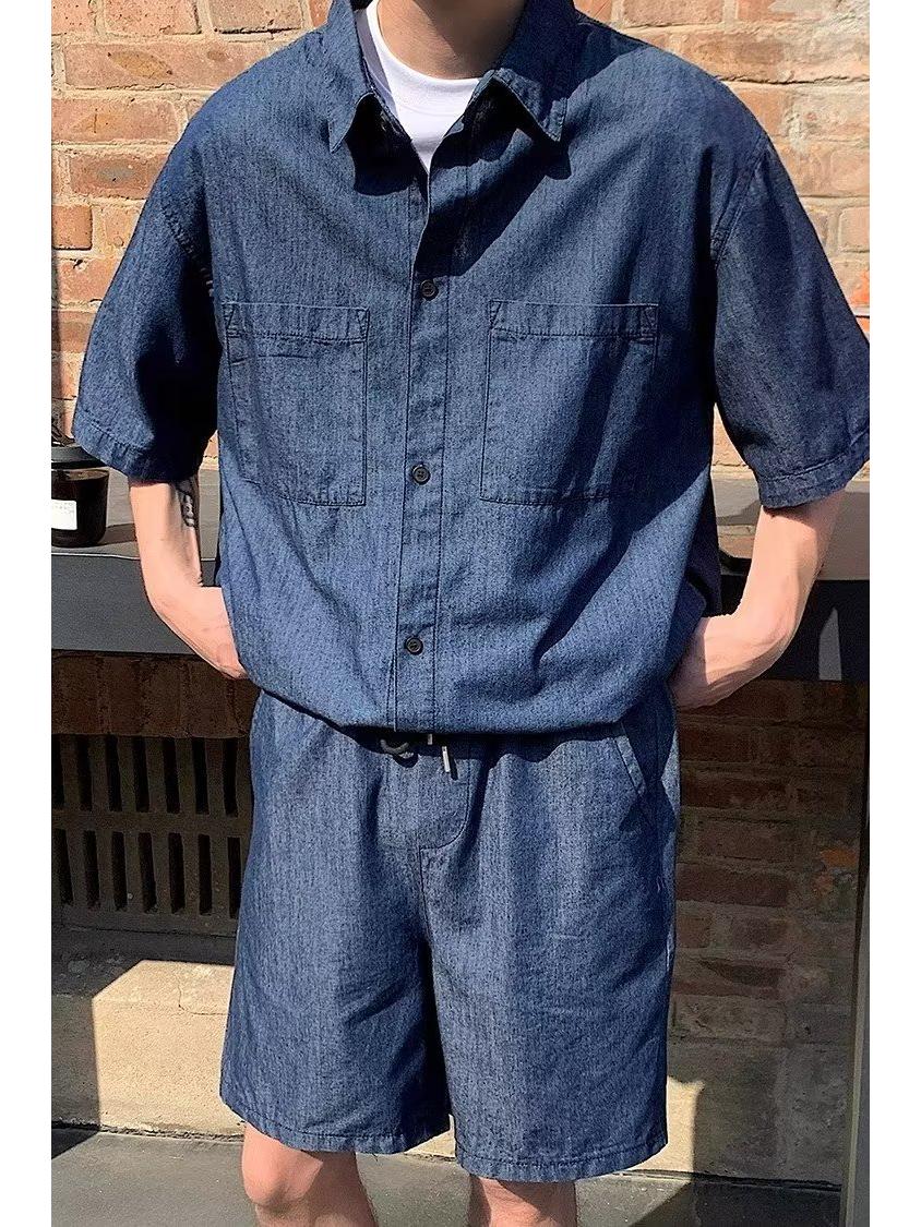 

Летний мужской костюм-двойка из денима 2023 года: Повседневный комплект из рубашки с короткими рукавами и брюк-полукомбинезонов Medium темно-синий