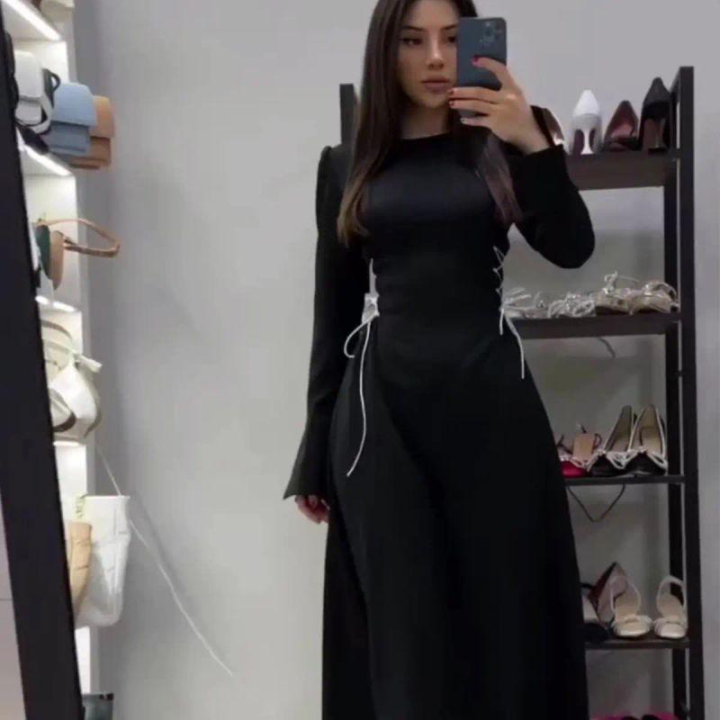 European Bell Sleeve Lace-up Design Sense Long Sleeve Waist Hugging Round Neck Dress Elegant Long Dress Women Dress2025