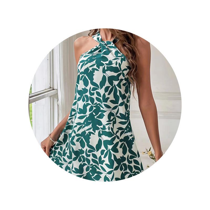 Europe, America 2025 Spring and Summer New Cross-border Amazon Printing Sleeveless Backless Short Skirt A Word Neck Dress Women's Clothing