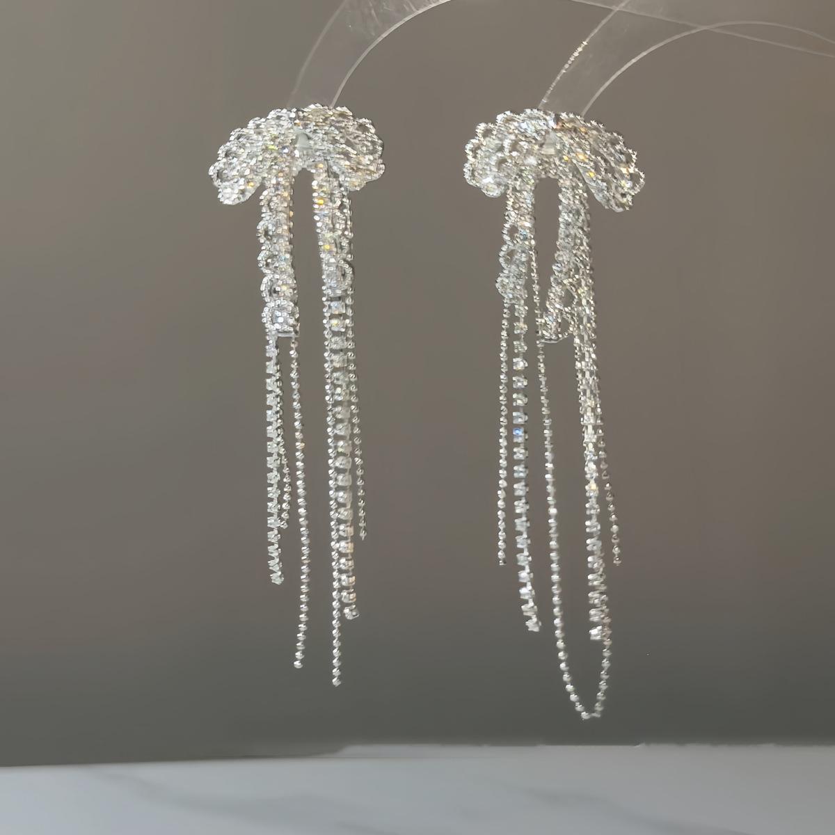 

Silver needle zircon bow fringed earrings light luxury high-end temperament stud earrings personalized simple fashion versatile earrings